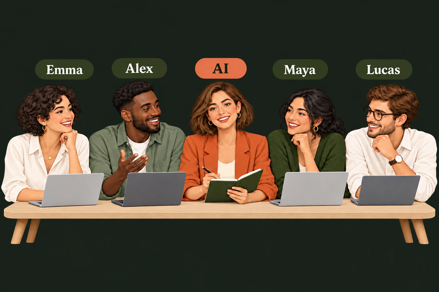 Illustrated teammates Emma, Alex, AI, Maya and Lucas. AI is represented as an ordinary human colleague, with each name above their head.